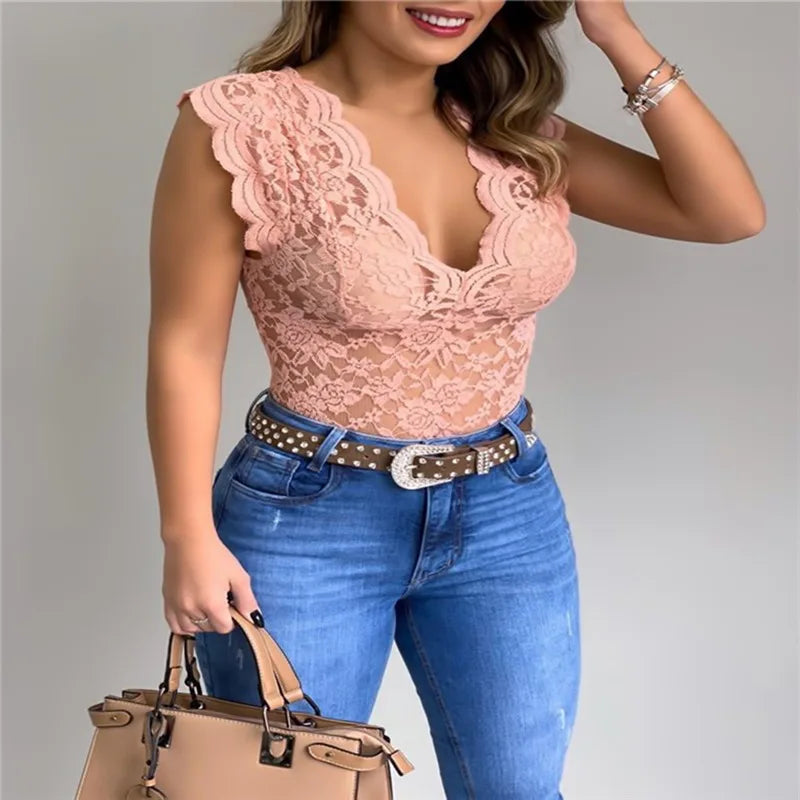 Arianna Deep V Neck Lace Top