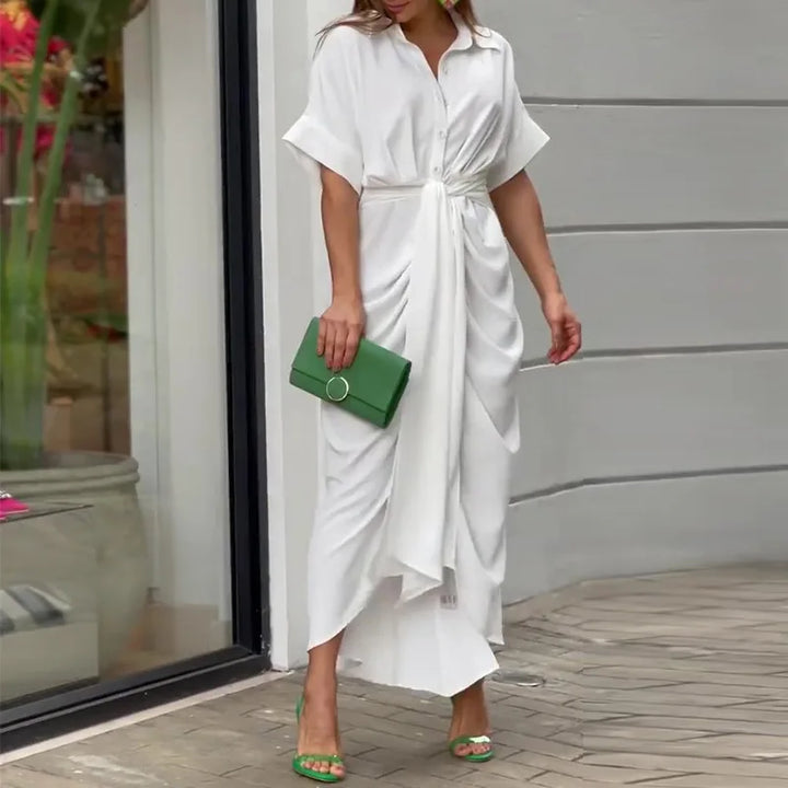 Dahlina Printed Tie Waist Shirt Midi Dress