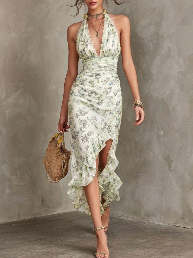 Jocelyn Floral Deep V Neck Ruffle Midi Dress