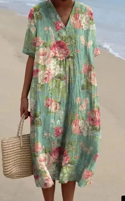 Ophira Printed V Neck Midi Dress