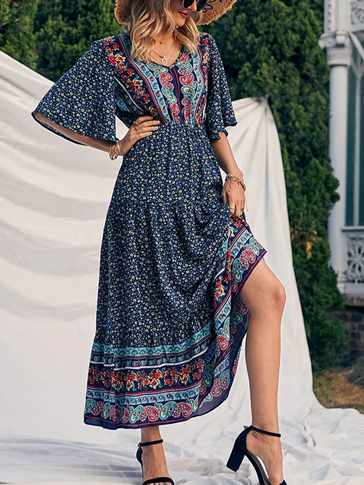 Ariadne Flowy Boho Print V Neck Maxi Dress