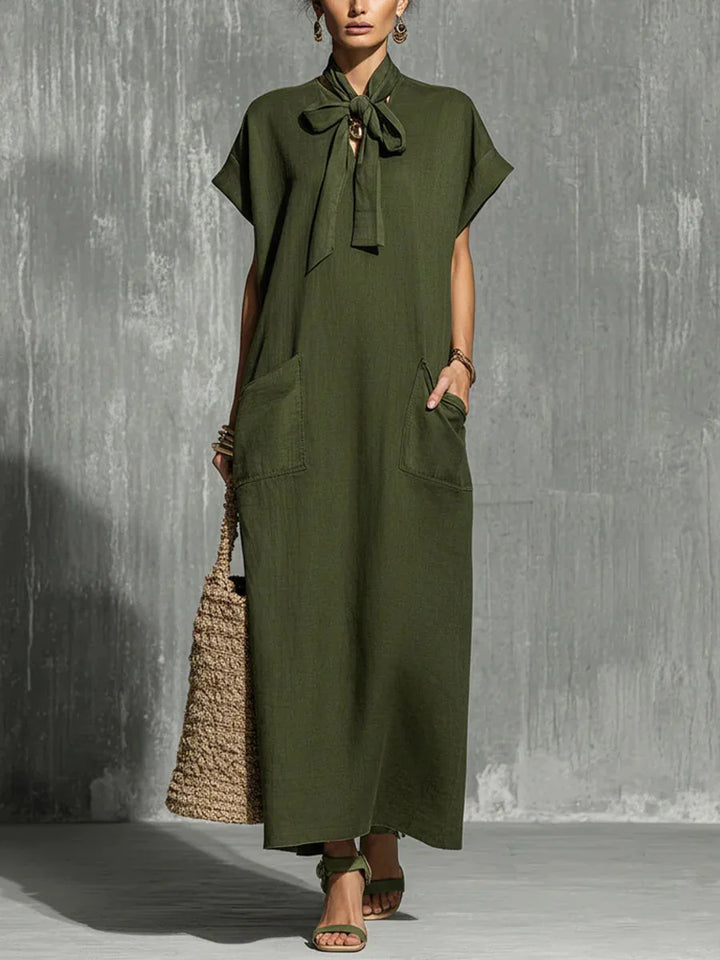 Serilda Vintage V Neck Short Sleeve Flowing Maxi Dress
