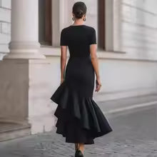 Amoria Asymmetrical Ruffle Cocktail Midi Dress