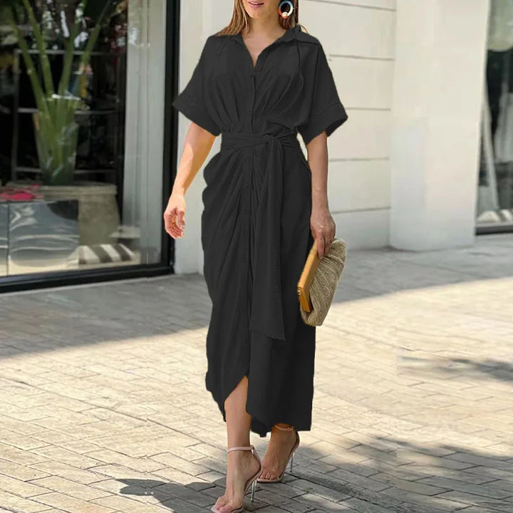 Dahlina Printed Tie Waist Shirt Midi Dress