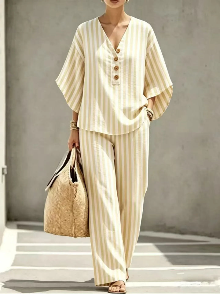 Arianne Striped Short Sleeve Button Front Pants Set