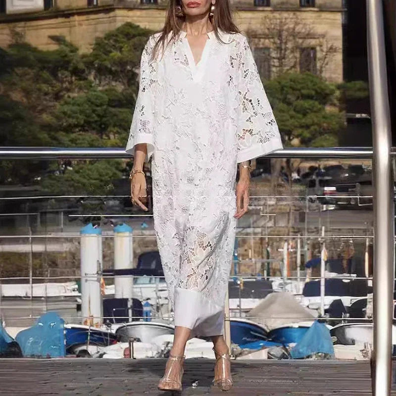 Lilou Embroidered Eyelet V Neck Maxi Dress
