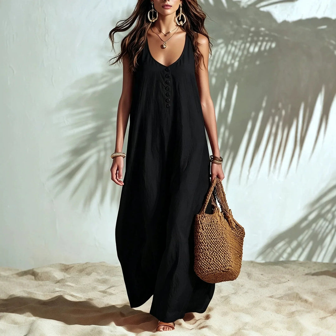 Elswyn Casual Sleeveless V Neck Button Maxi Dress
