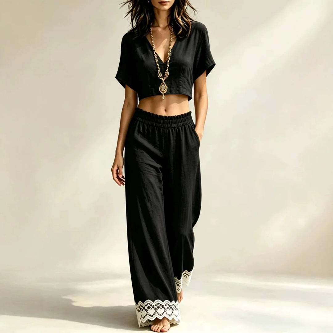 √ Cropped Top Lace Detail Pants Set