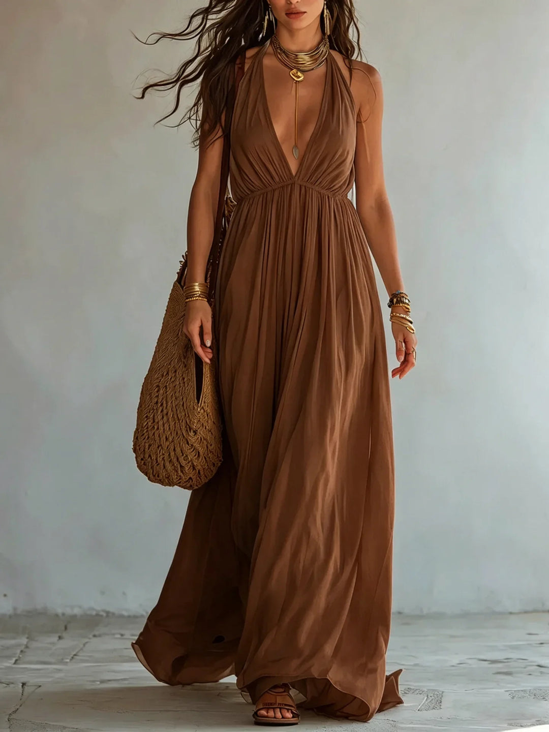 Elena Deep V Neck Maxi Dress
