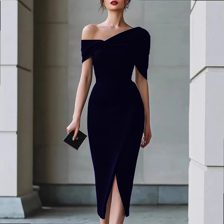 Jannat Draped Shoulder Midi Dress