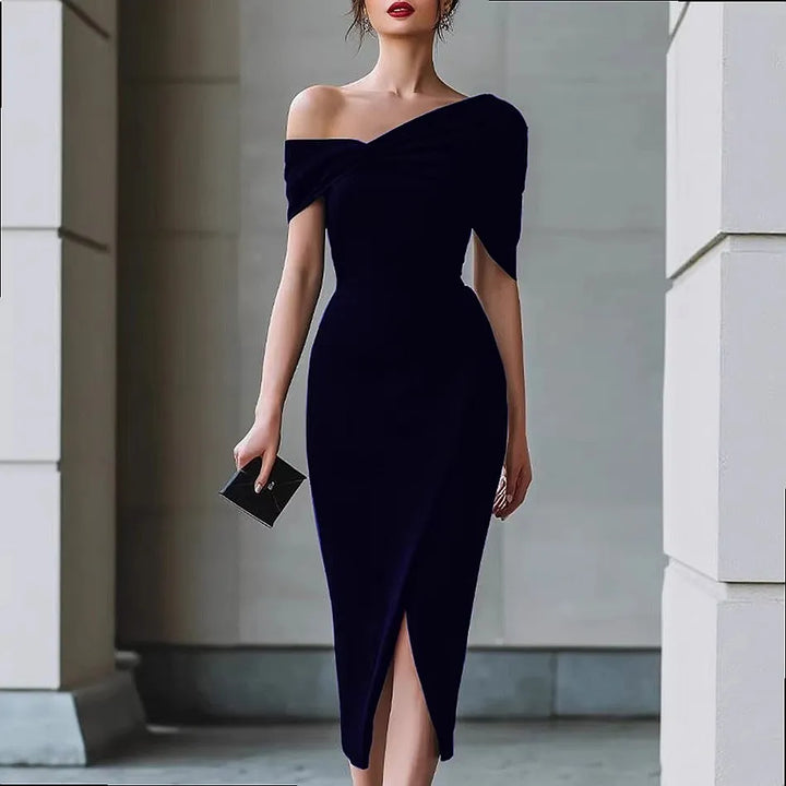 Jannat Draped Shoulder Midi Dress