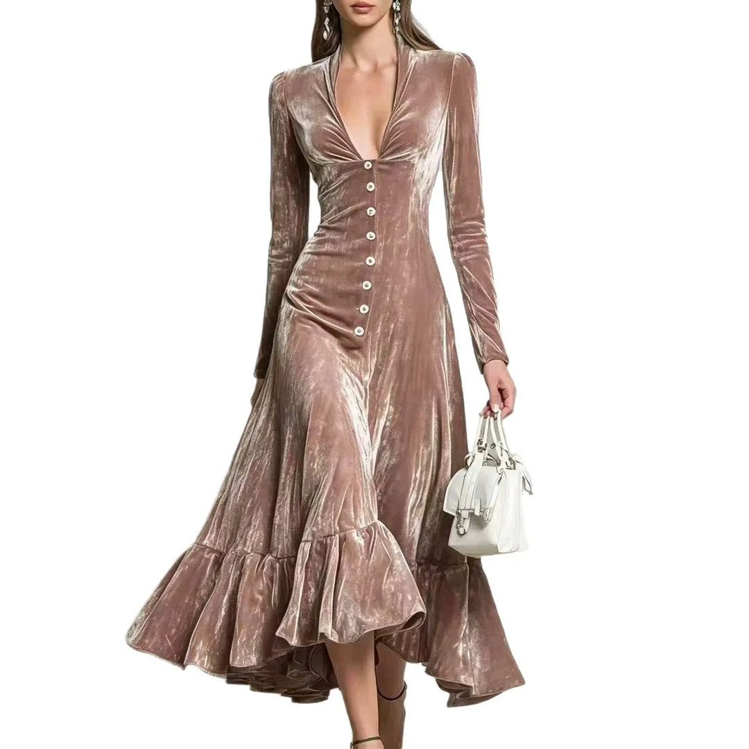 Marchetta Button Front Velvet Dress