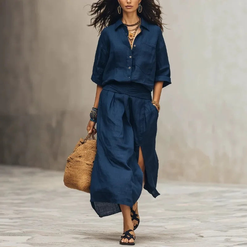 Kayla Linen Shirt and Midi Skirt Set