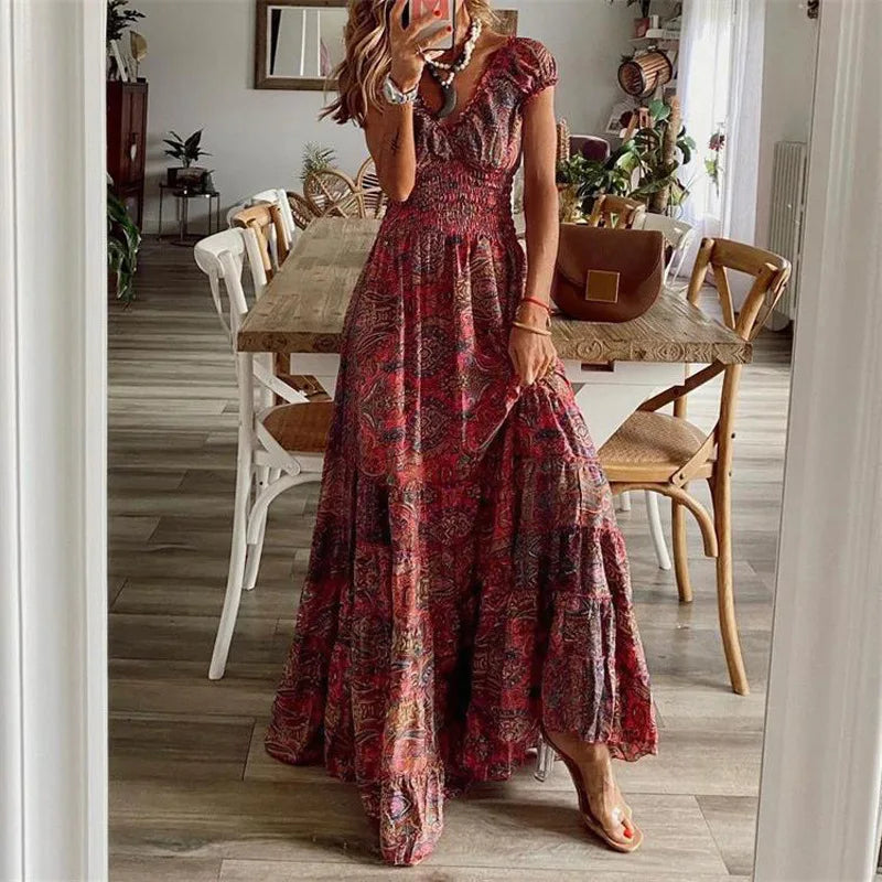 Lavelle Bohemian Printed Petal Sleeve Maxi Dress