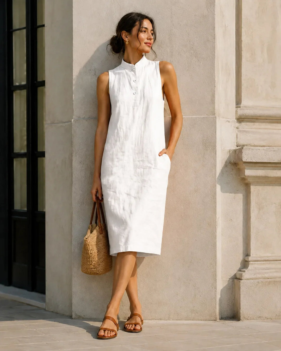 Evania Breathable Sleeveless Linen Midi Dress