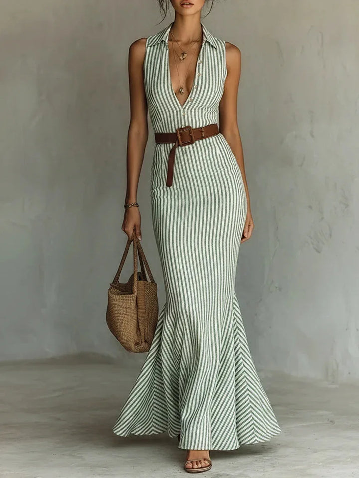 Galina Elegant V Neck Striped Long Dress
