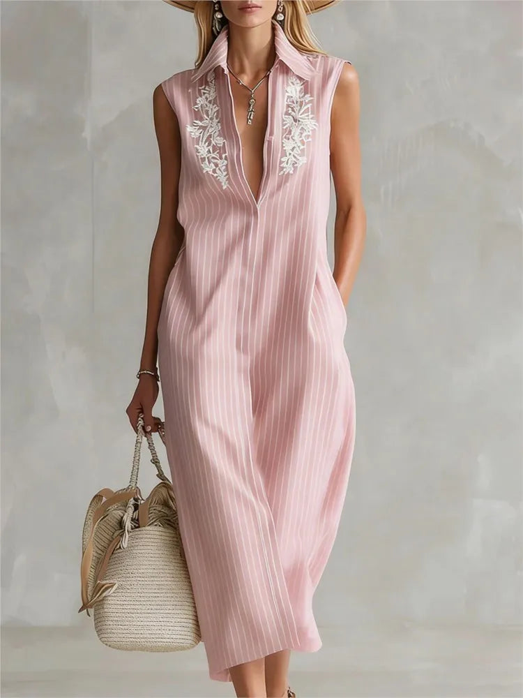 Magnolia Striped V Neck Midi Shirt Dress