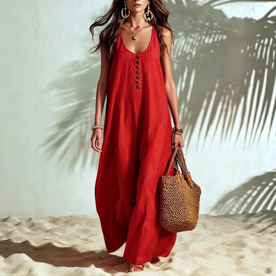 Elswyn Casual Sleeveless V Neck Button Maxi Dress