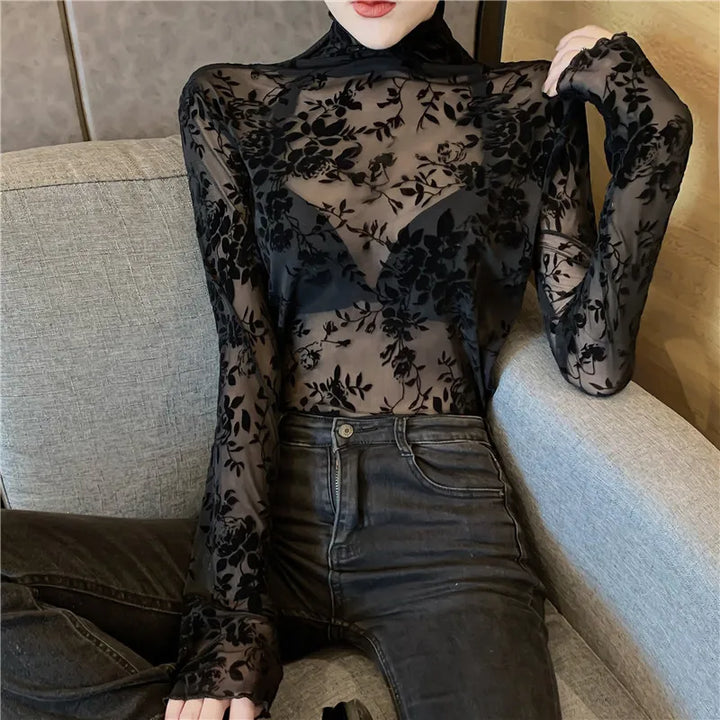 Sophia Flocked Mesh Turtleneck