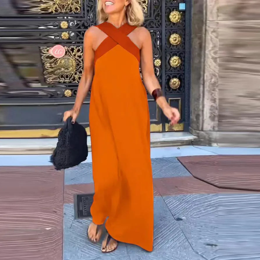 Adelina Contrast Halter Backless Maxi Dress