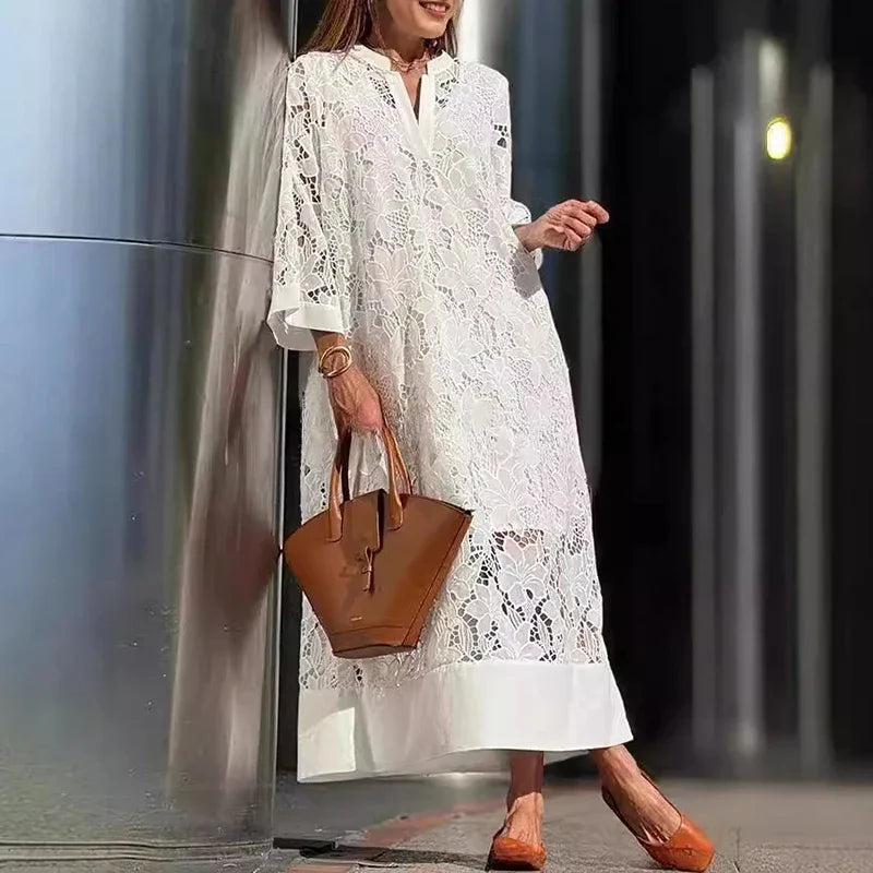 Lilou Embroidered Eyelet V Neck Maxi Dress