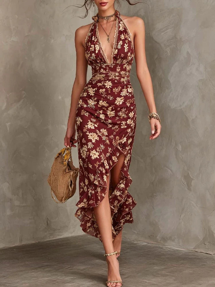 Jocelyn Floral Deep V Neck Ruffle Midi Dress