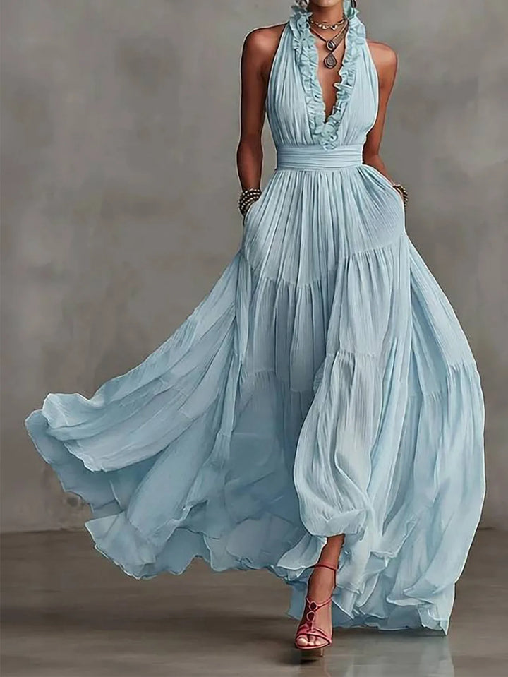 Zinnia Ruffle Trim Evening Maxi Dress