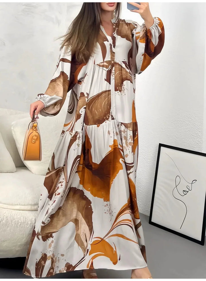 Vesperine Elegant Bohemian Floral V Neck Maxi Dress