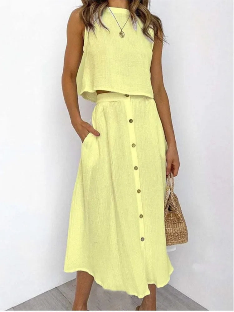 Levarn Sleeveless Top And Button Midi Skirt Set