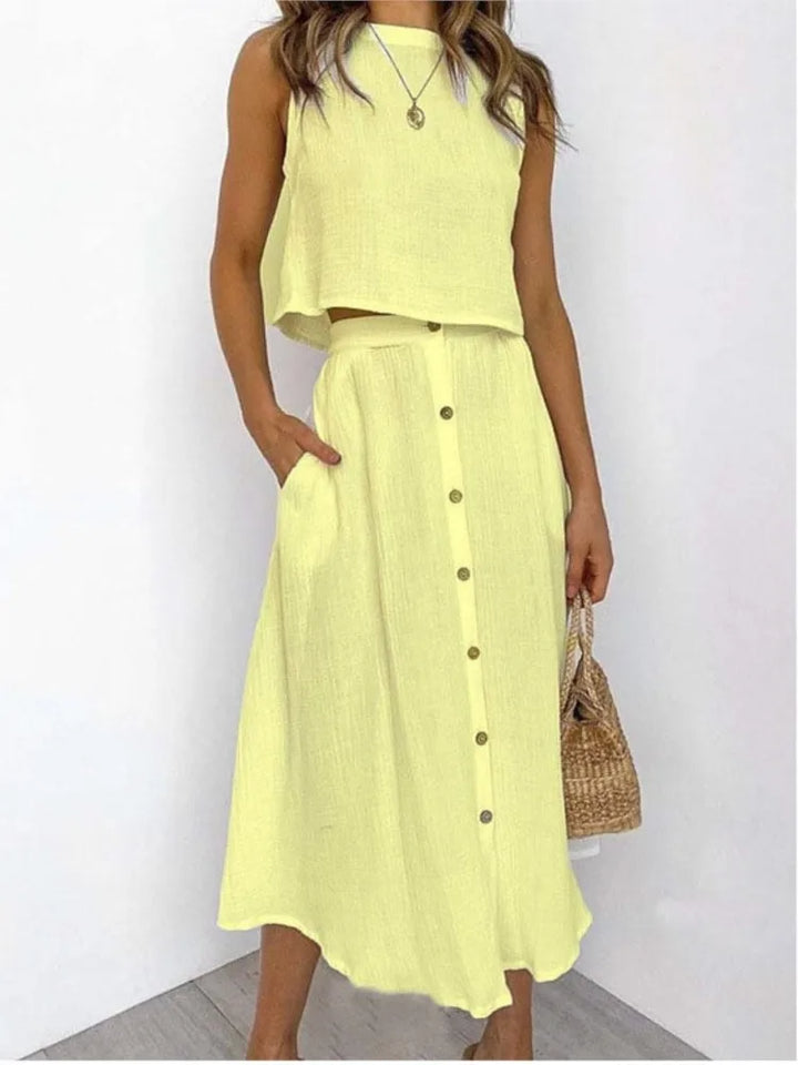 Levarn Sleeveless Top And Button Midi Skirt Set