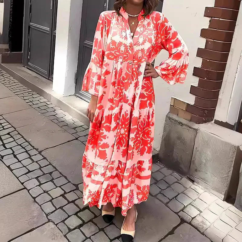 Rosaline Boho Printed Long Sleeve Midi Dress