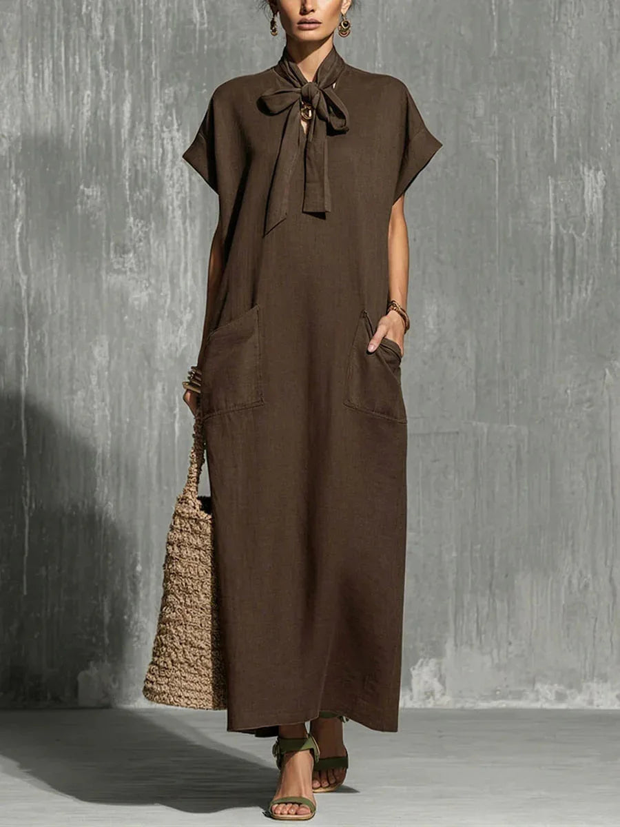 Serilda Vintage V Neck Short Sleeve Flowing Maxi Dress