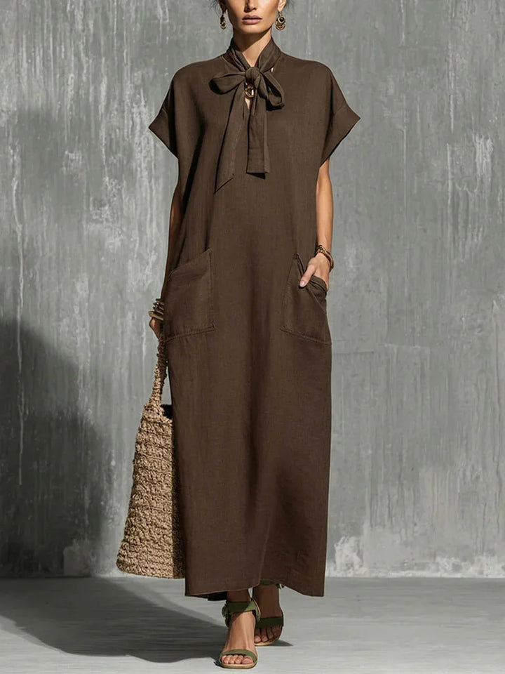 Serilda Vintage V Neck Short Sleeve Flowing Maxi Dress