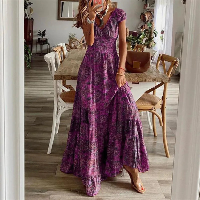 Lavelle Bohemian Printed Petal Sleeve Maxi Dress