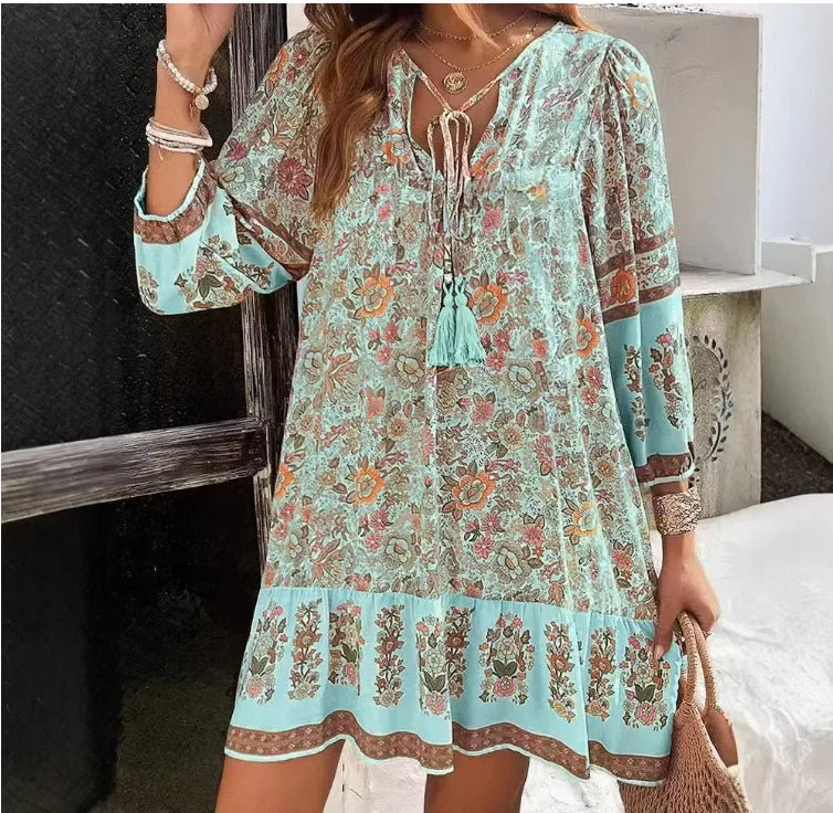 Evelora Relaxed Boho Print Long Sleeve Mini Dress