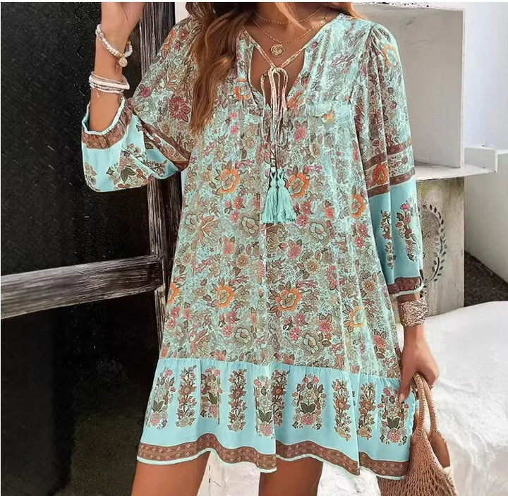 Evelora Relaxed Boho Print Long Sleeve Mini Dress