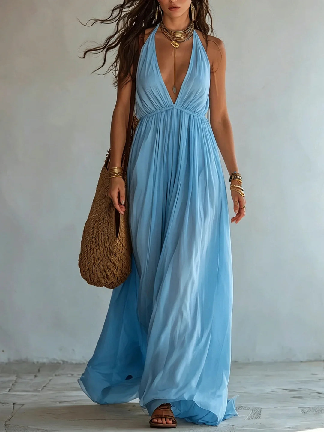 Elena Deep V Neck Maxi Dress