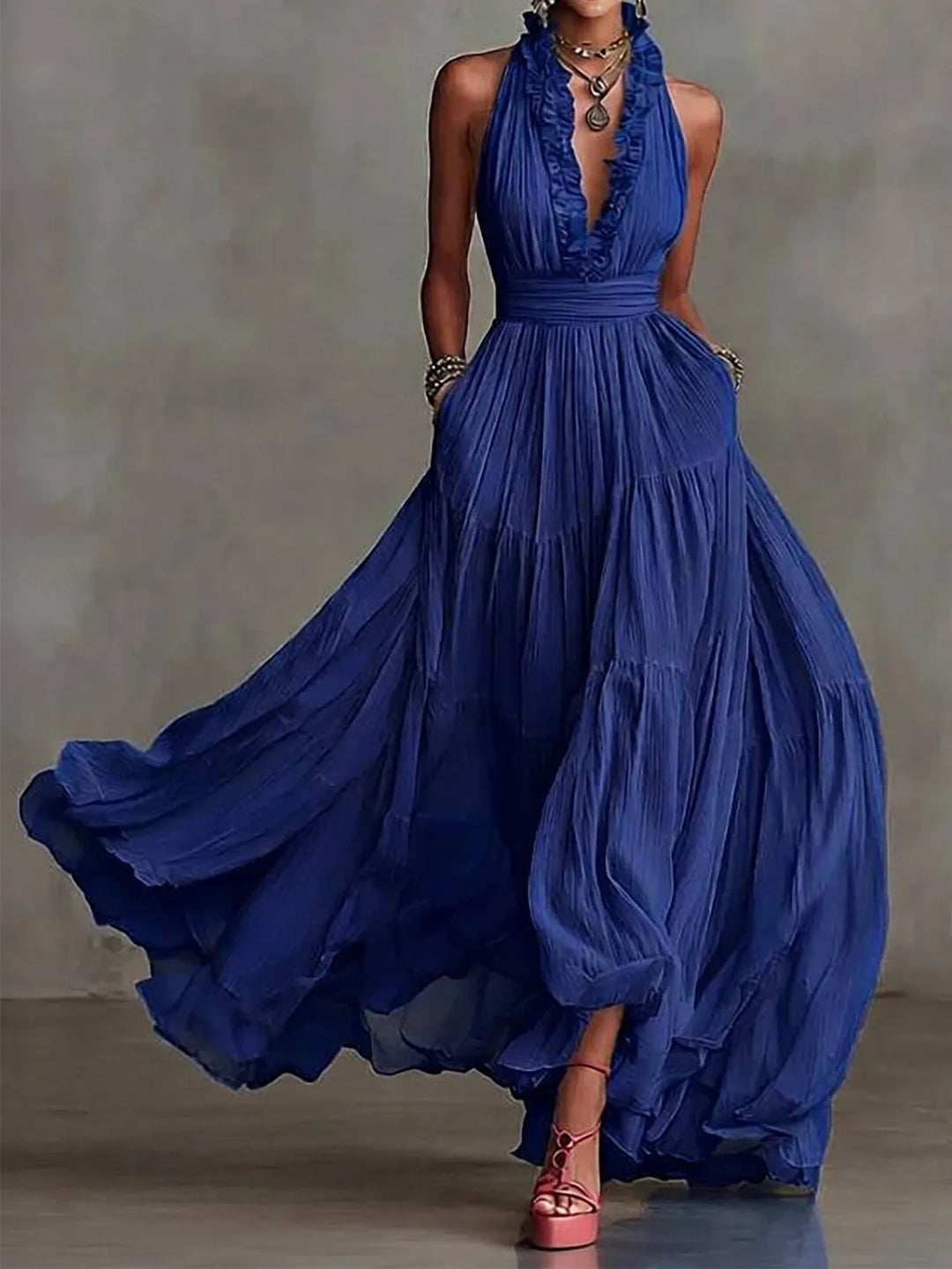 Zinnia Ruffle Trim Evening Maxi Dress