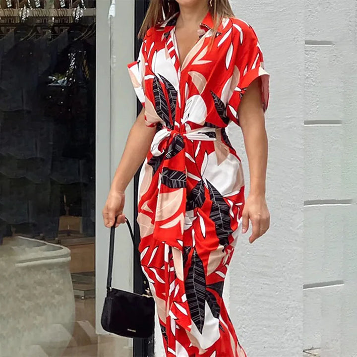 Dahlina Printed Tie Waist Shirt Midi Dress