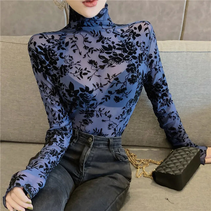 Sophia Flocked Mesh Turtleneck