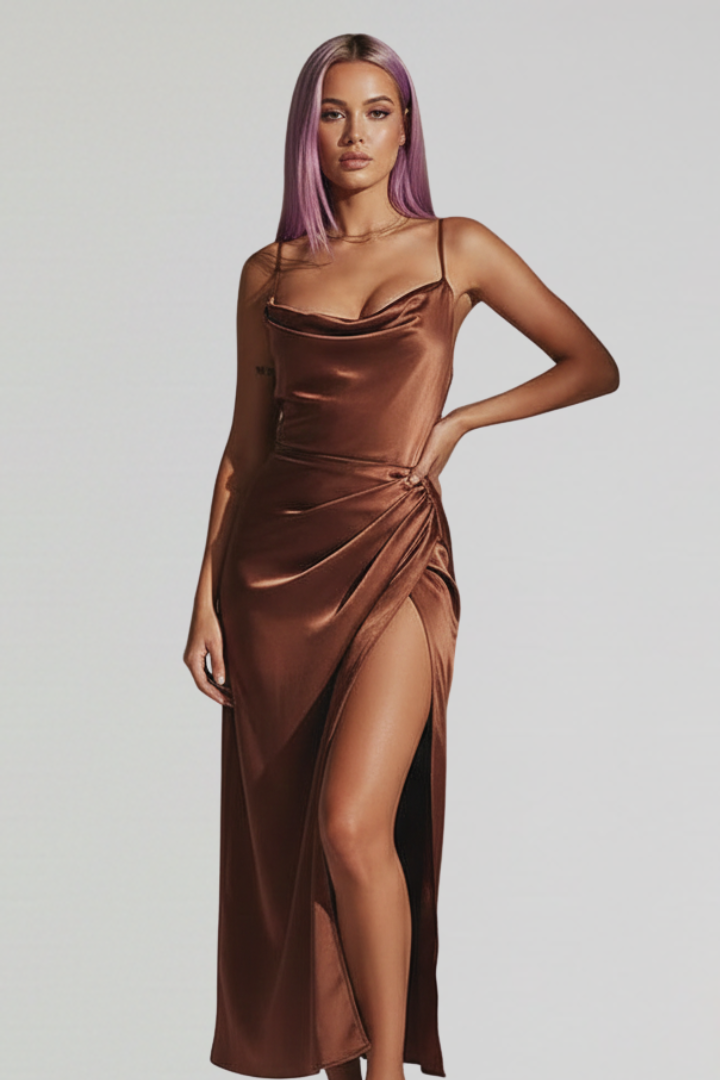 Hailey Dress with Slim Straps and Draped Skirt