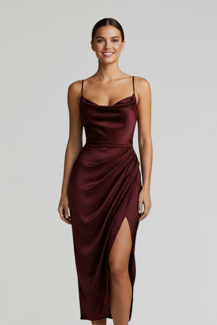 Hailey Dress with Slim Straps and Draped Skirt