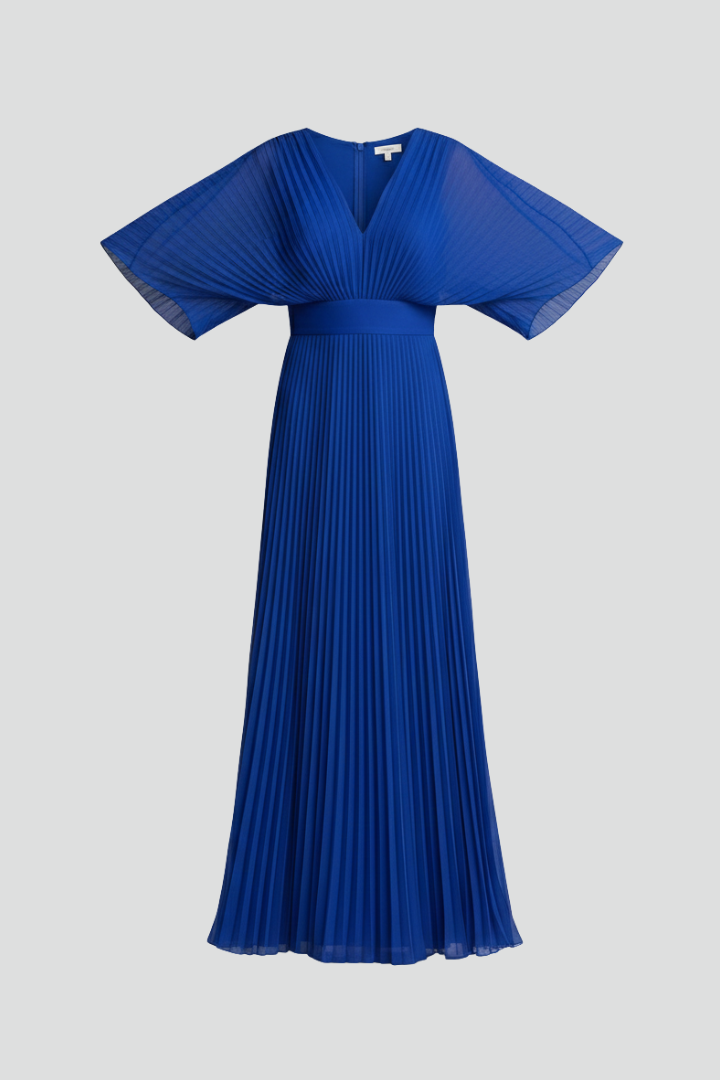 Celinae Dress with V-Neckline and Pleated Maxi Skirt