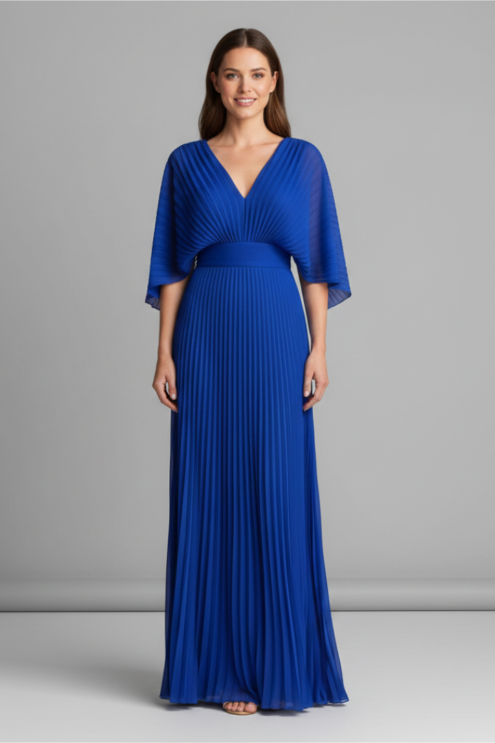 Celinae Dress with V-Neckline and Pleated Maxi Skirt