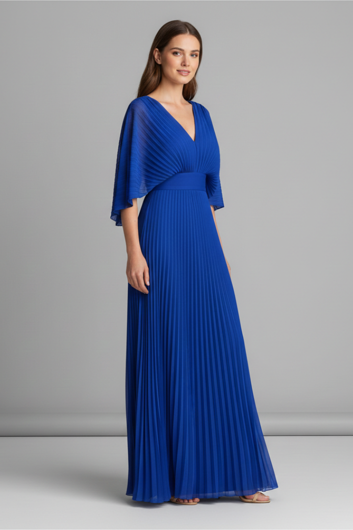 Celinae Dress with V-Neckline and Pleated Maxi Skirt