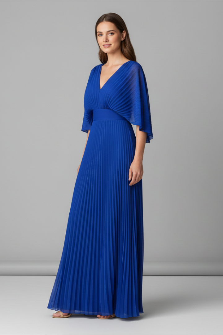 Celinae Dress with V-Neckline and Pleated Maxi Skirt