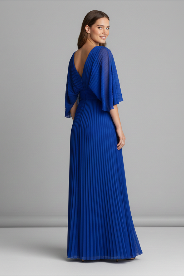 Celinae Dress with V-Neckline and Pleated Maxi Skirt