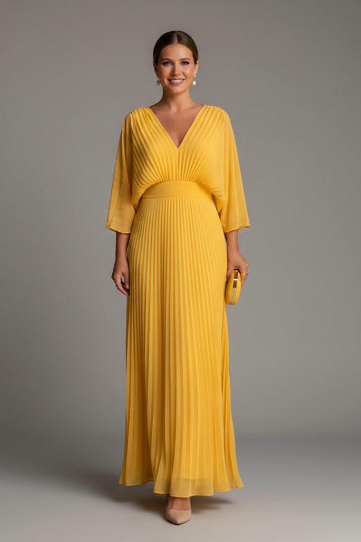 Celinae Dress with V-Neckline and Pleated Maxi Skirt