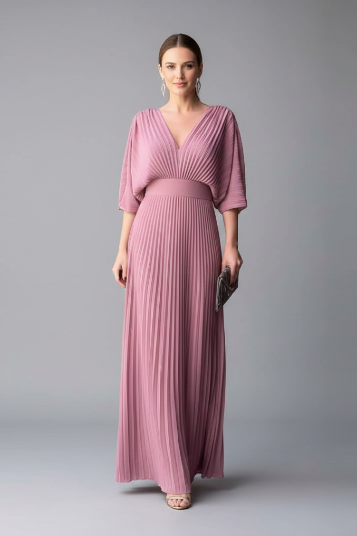 Celinae Dress with V-Neckline and Pleated Maxi Skirt
