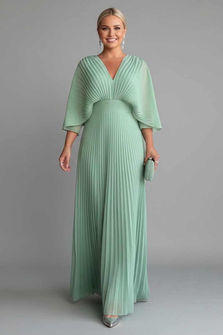 Celinae Dress with V-Neckline and Pleated Maxi Skirt